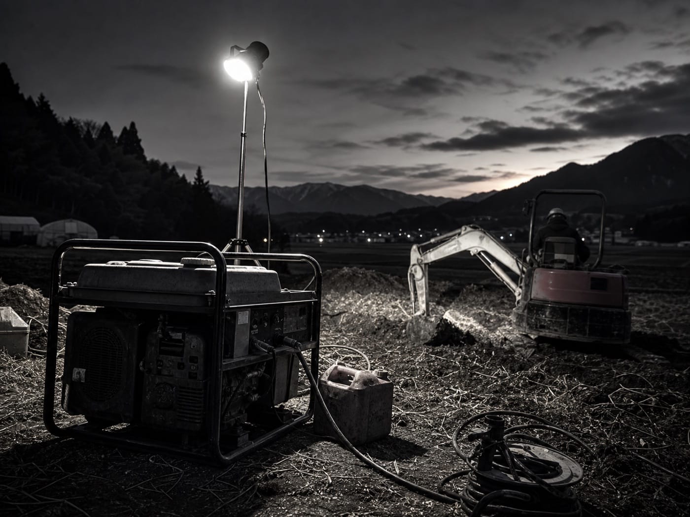 夜、山あいの現場で発電機が灯りをともし、そばで建機が働く。電気だけでは支えきれない暮らしと社会を、エンジンが動かし続ける(イメージ)。
